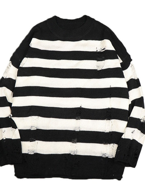 Destroyed Striped Sweater - DARK MOON