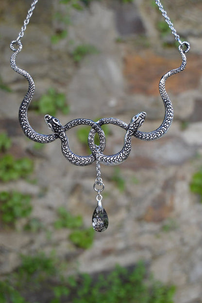 Intertwined Snake Necklace with Drip Crystal - DARK MOON