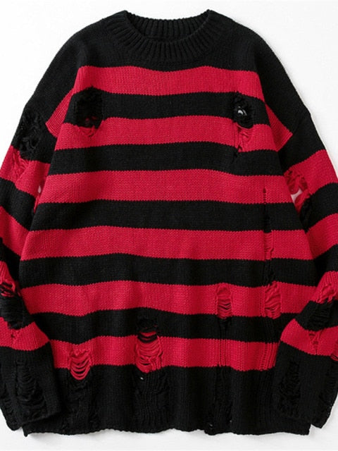Destroyed Striped Sweater - DARK MOON
